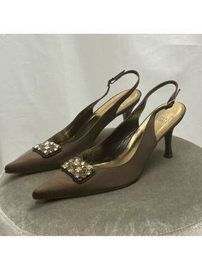 Stuart Weitzman brown satin sling back low heel gem jewelled buckle formal Sz 11